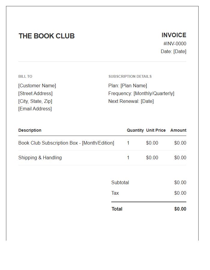 Book Club Subscription Box Invoice Template
