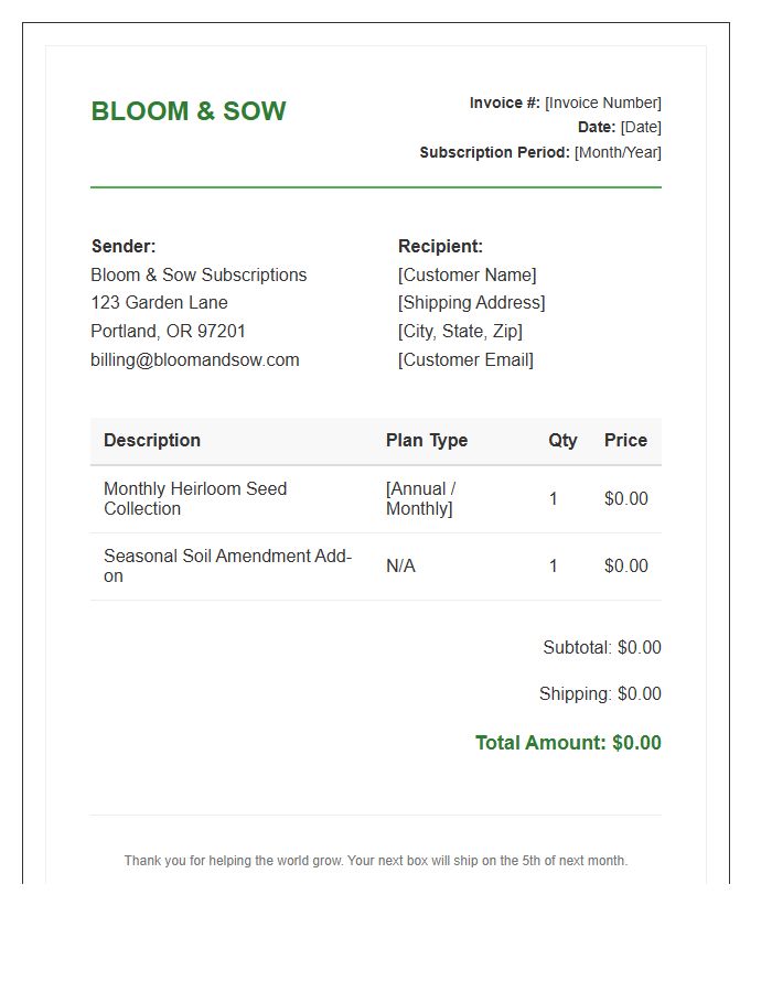 Garden Seed Subscription Box Invoice Template