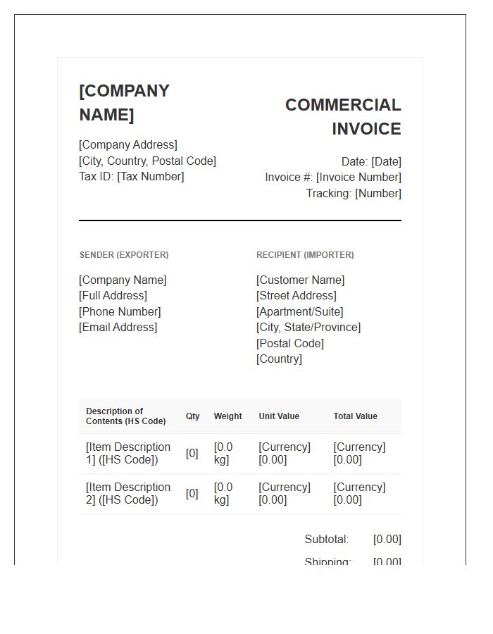 International Subscription Box Shipping Invoice Template