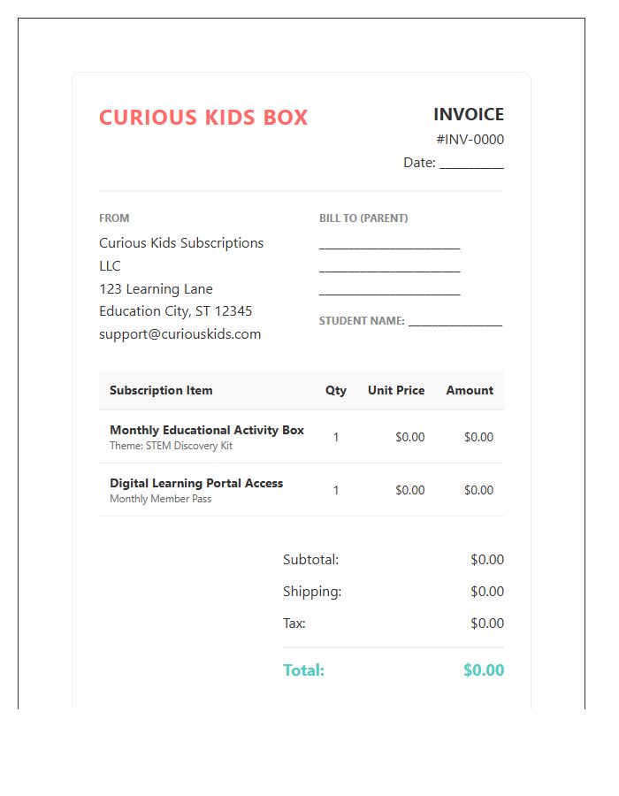 Kids Educational Subscription Box Invoice Template