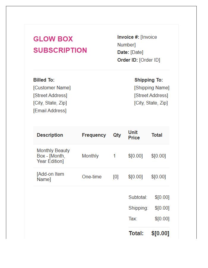 Monthly Beauty Box Subscription Invoice Template