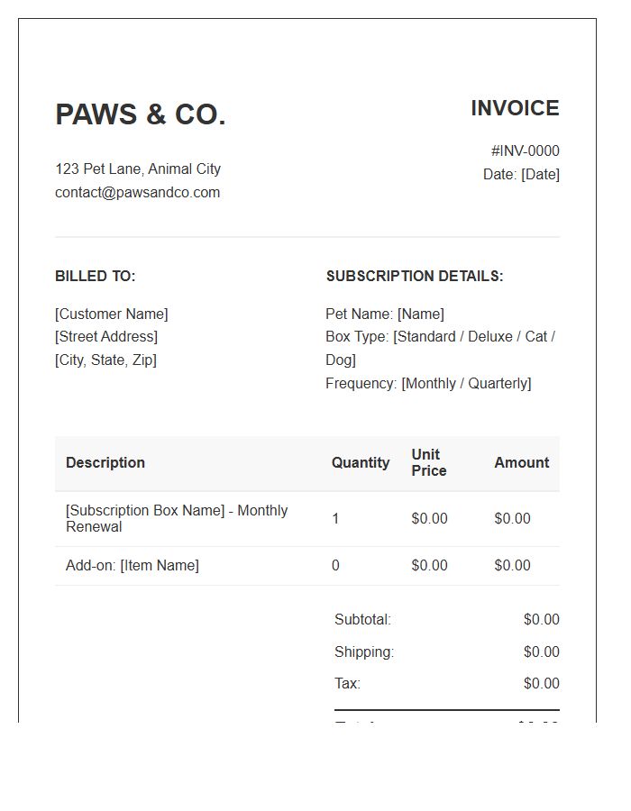 Pet Supply Subscription Box Invoice Template