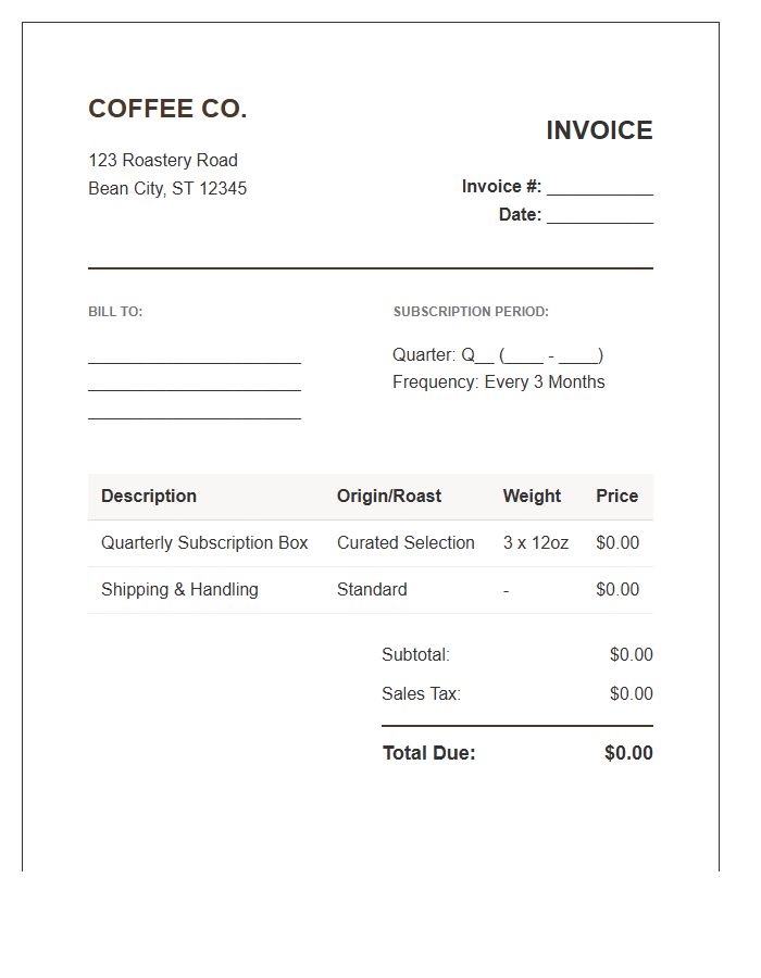 Quarterly Coffee Subscription Box Invoice Template