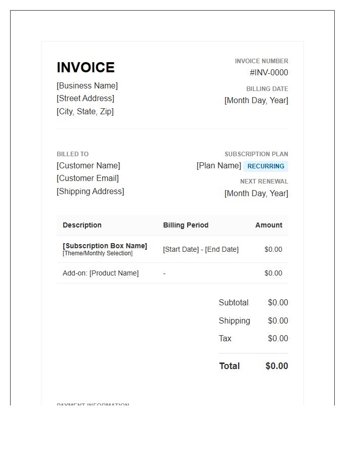 Recurring Billing Subscription Box Invoice Template