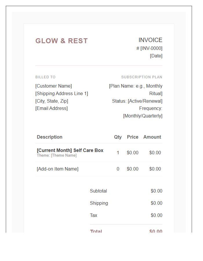 Self Care Subscription Box Invoice Template
