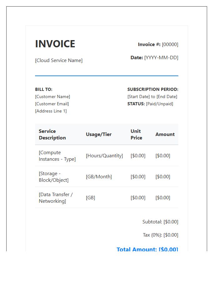 Cloud Subscription Billing Invoice Template