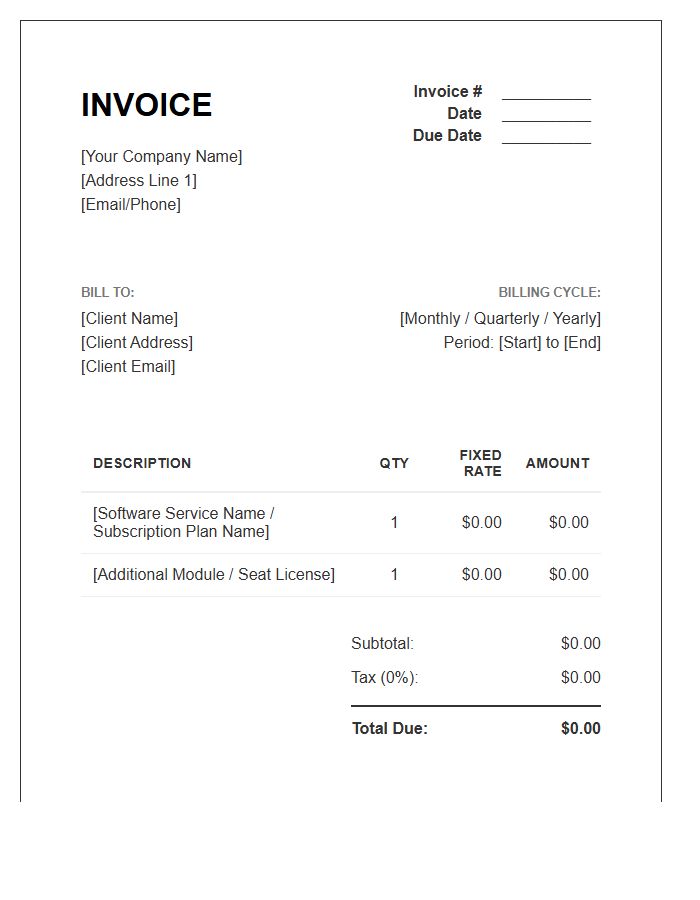 Fixed Rate Recurring Software Invoice Template