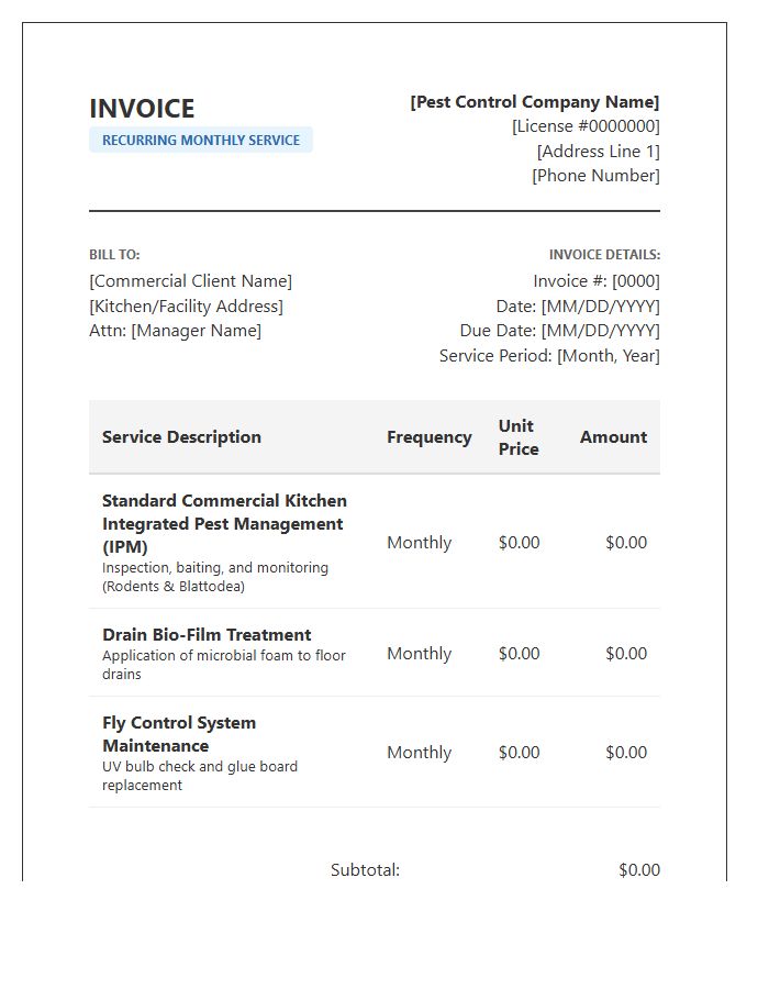 Commercial Kitchen Pest Control Recurring Invoice Template