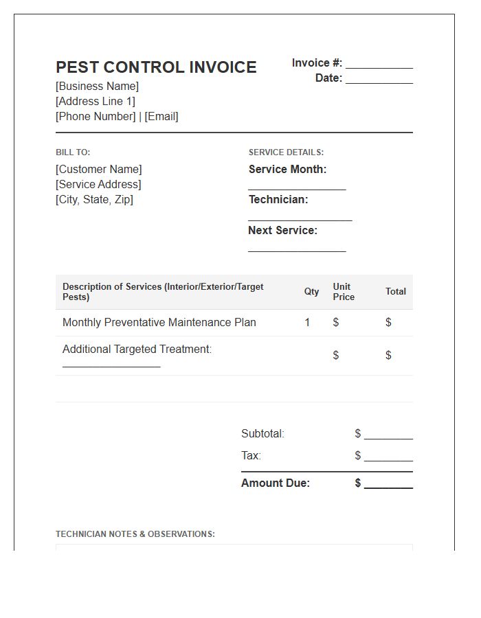Monthly Pest Prevention Service Invoice Template