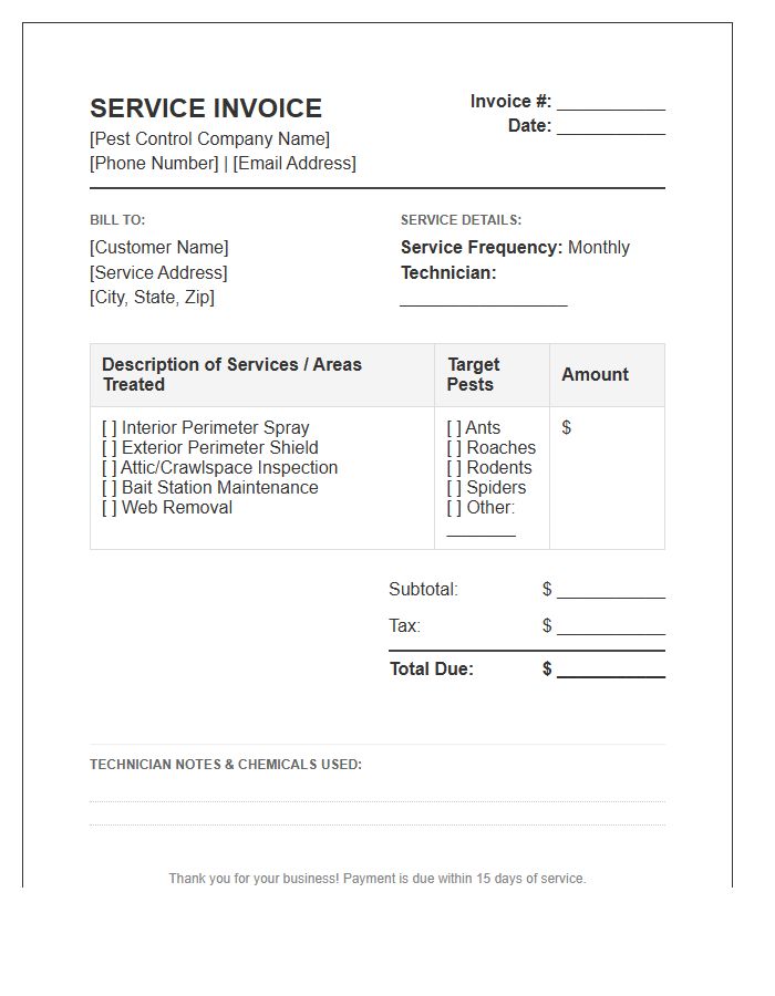 Pest Control Monthly Service Invoice Template