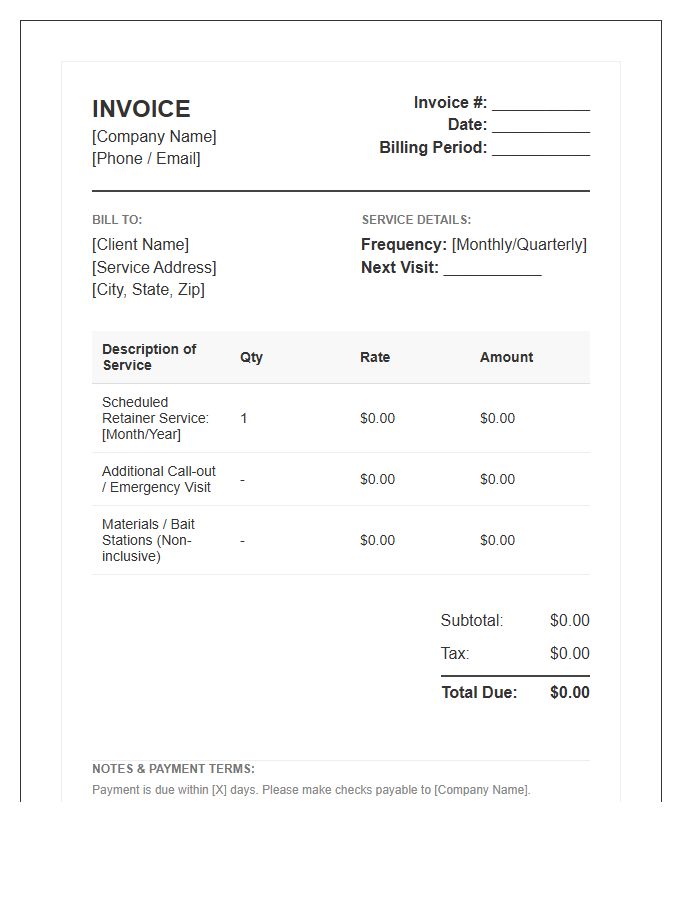 Pest Control Retainer Service Invoice Template