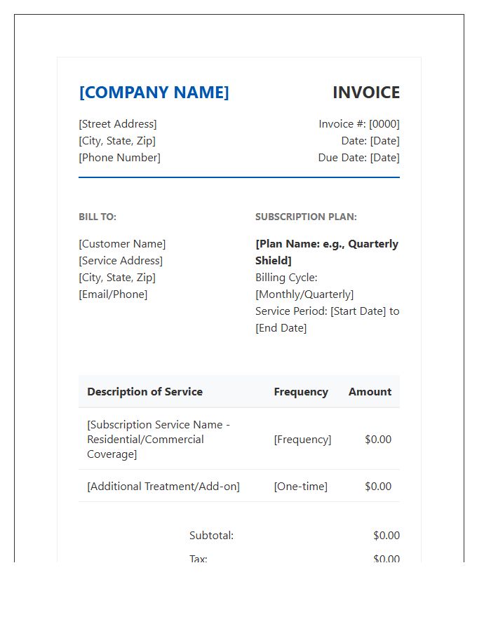 Professional Pest Control Subscription Billing Invoice Template
