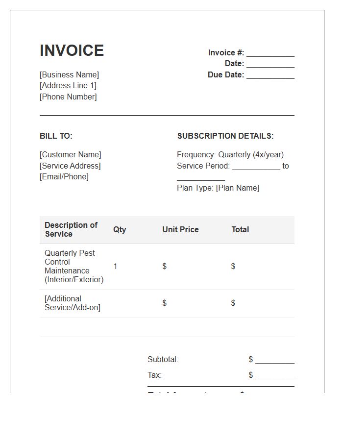 Quarterly Pest Management Subscription Invoice Template