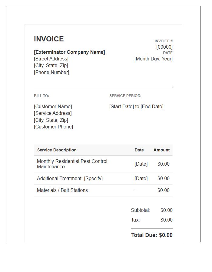 Residential Exterminator Monthly Billing Invoice Template