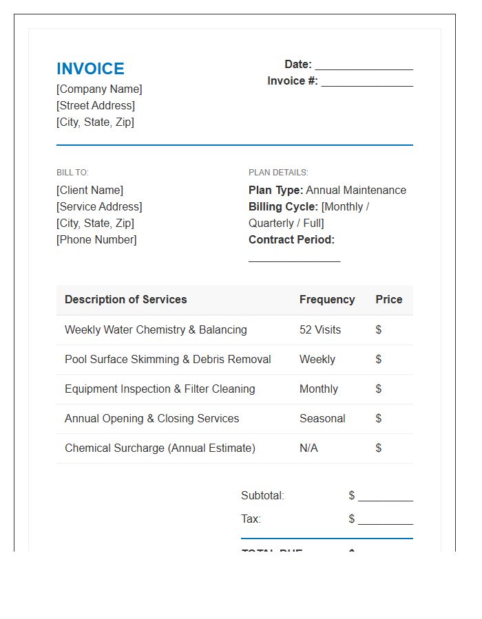 Annual Pool Maintenance Plan Invoice Template