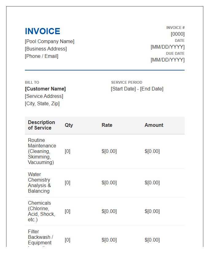 Automated Pool Maintenance Billing Invoice Template