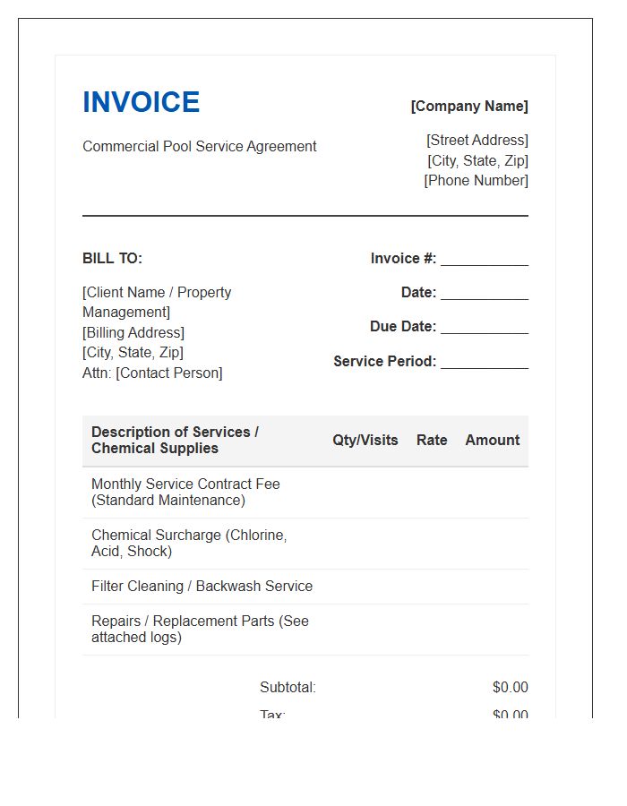 Commercial Pool Service Agreement Invoice Template