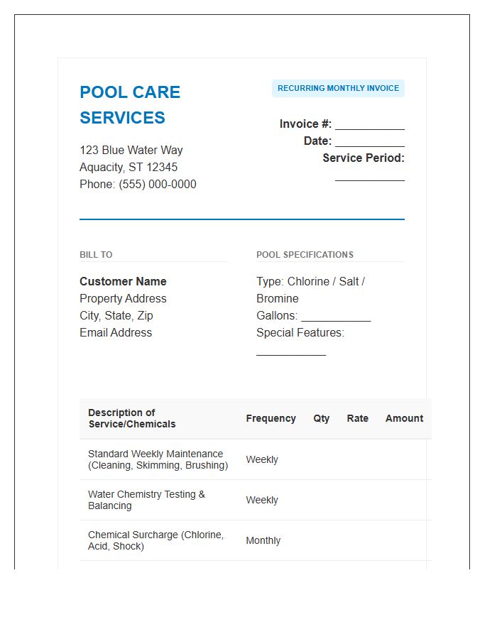 Comprehensive Pool Care Recurring Invoice Template