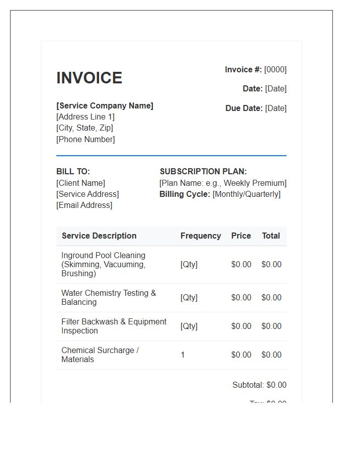 Inground Pool Cleaning Subscription Invoice Template