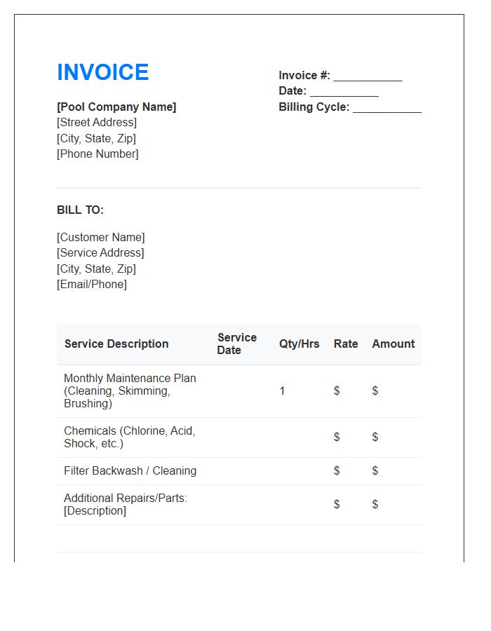 Monthly Swimming Pool Service Invoice Template