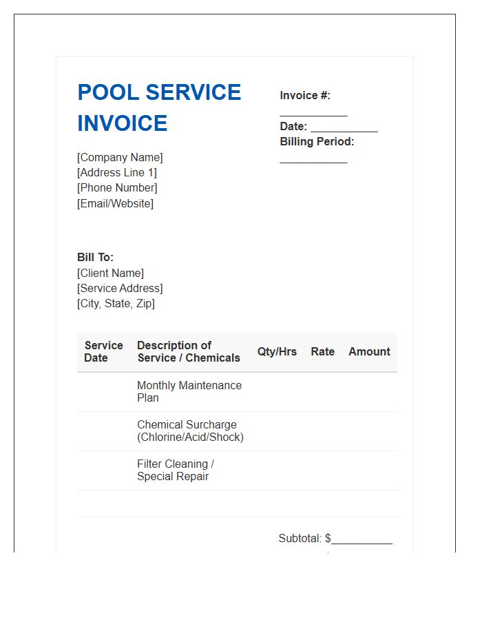 Periodic Pool Service Billing Invoice Template
