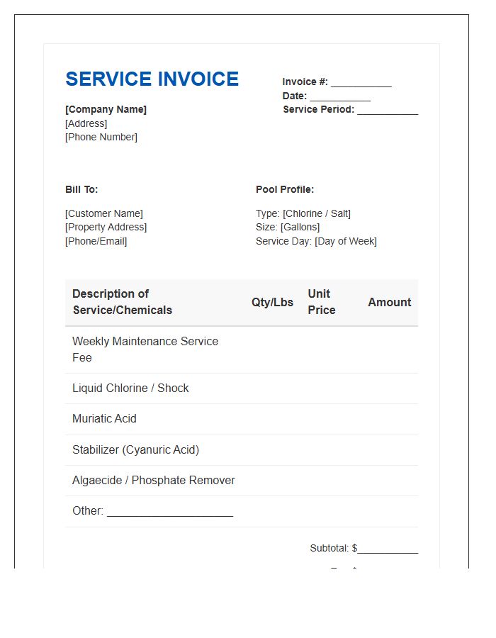 Regular Pool Chemical Service Invoice Template