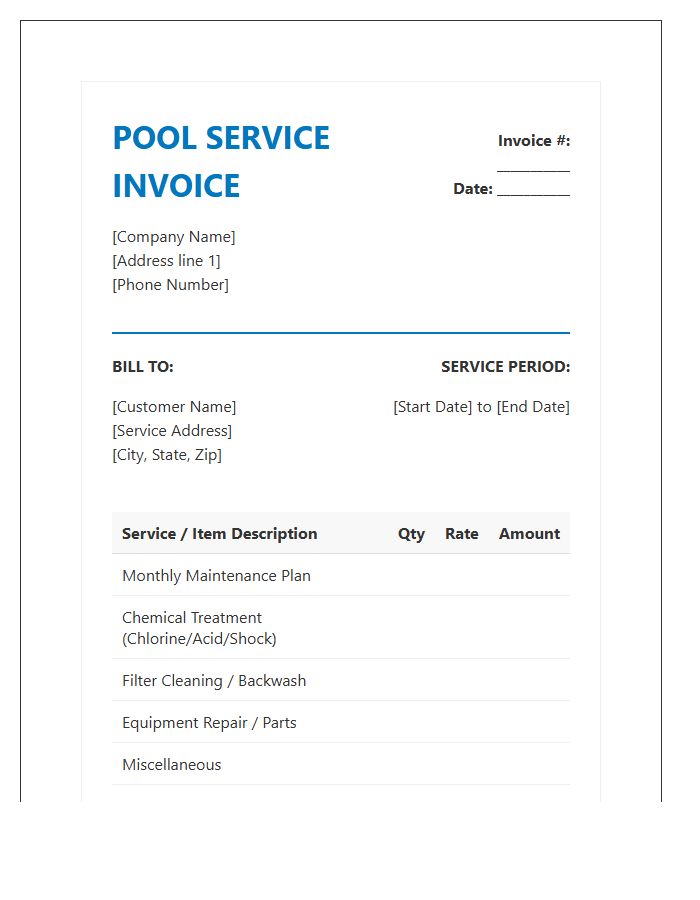 Residential Pool Care Billing Invoice Template