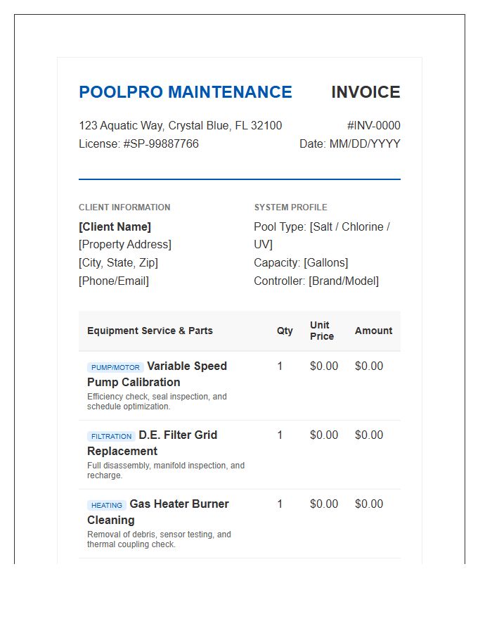 Specialized Pool Equipment Maintenance Invoice Template