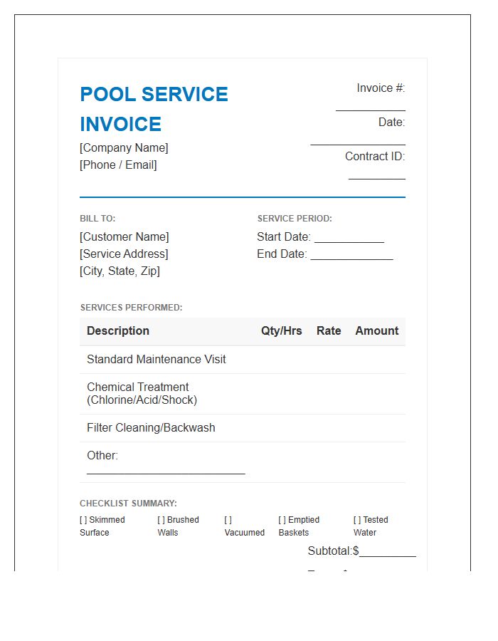 Standard Pool Cleaning Contract Invoice Template