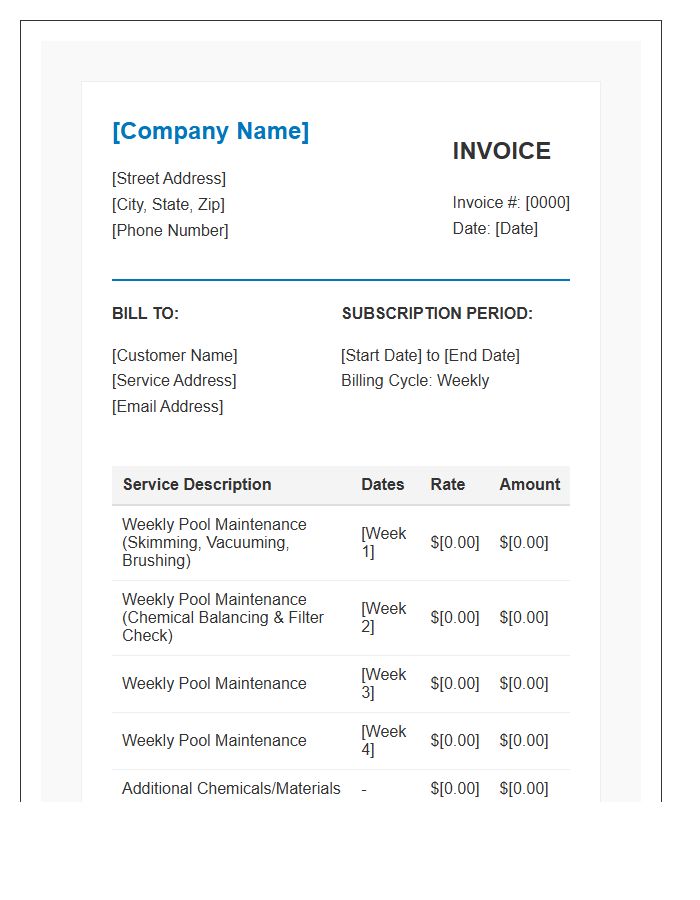 Weekly Pool Cleaning Subscription Invoice Template