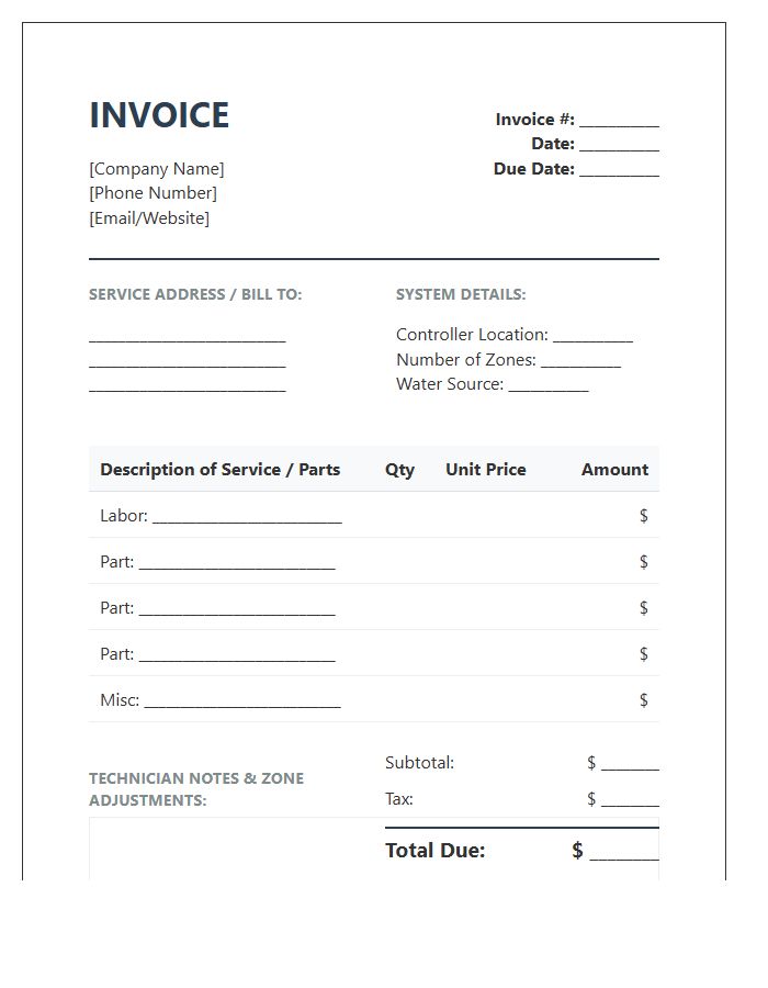 Residential Irrigation Repair Invoice Template