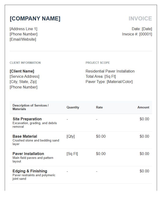 Residential Paver Patio Invoice Template