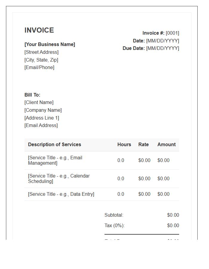 Administrative Virtual Assistant Hourly Service Invoice Template