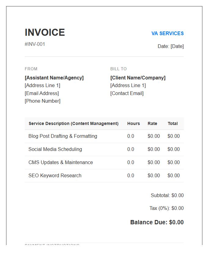 Content Management Virtual Assistant Hourly Invoice Template