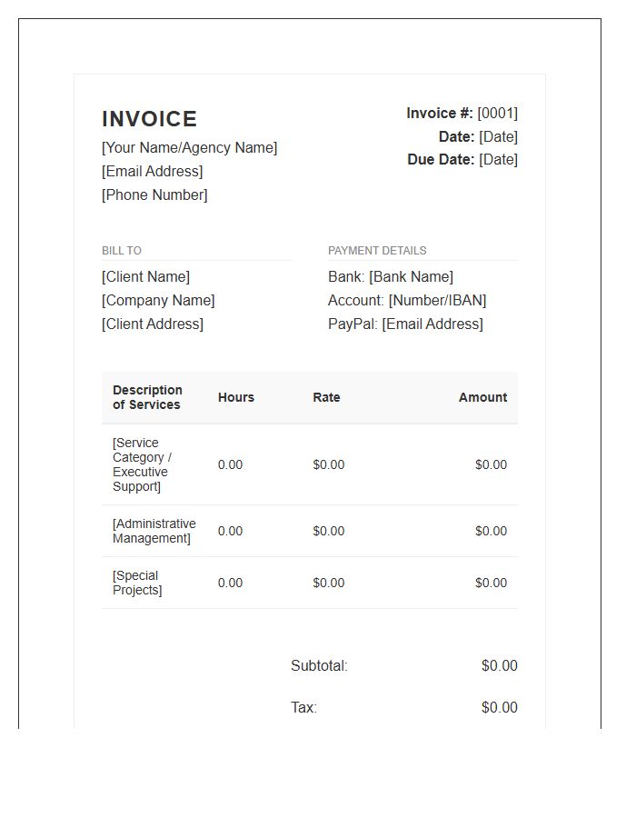 Executive Virtual Assistant Hourly Rate Invoice Template