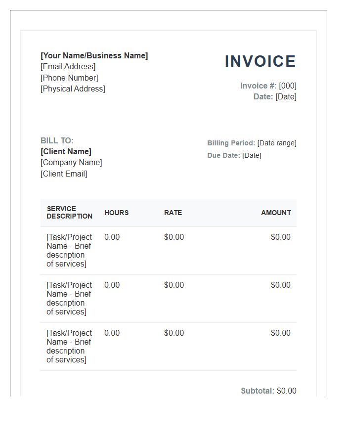 Freelance Virtual Assistant Hourly Billing Invoice Template