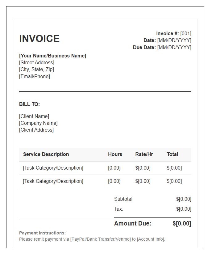 General Virtual Assistant Hourly Billing Invoice Template