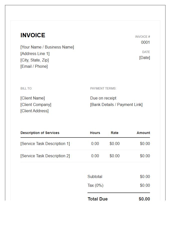 Personal Virtual Assistant Hourly Service Invoice Template