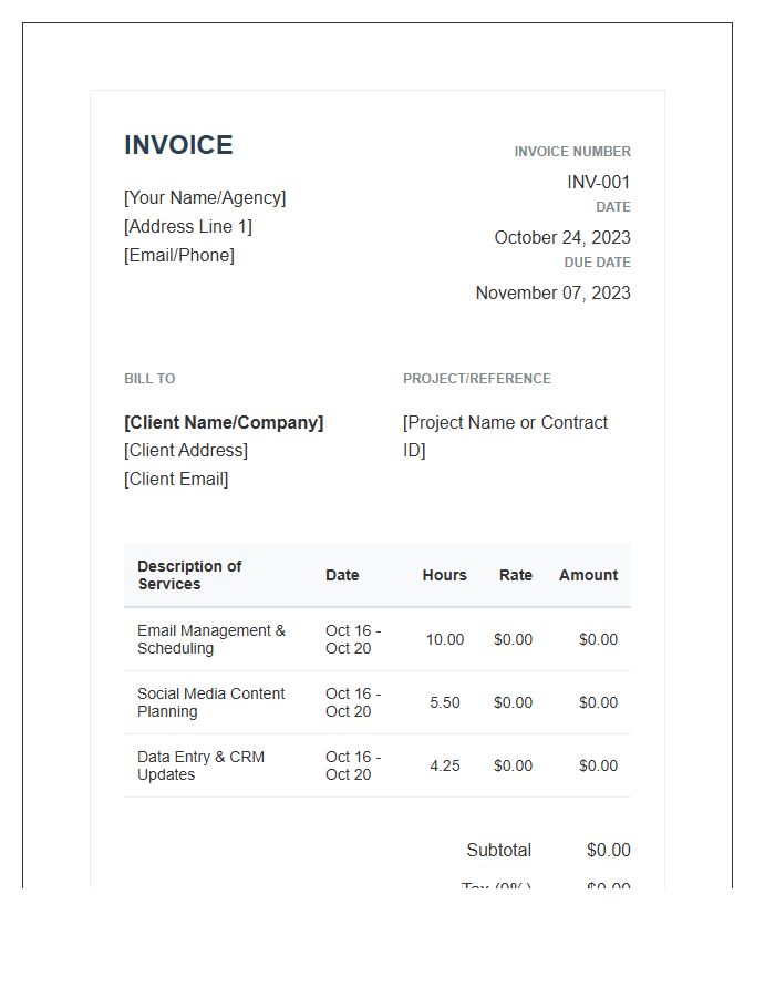 Professional Virtual Assistant Hourly Work Invoice Template
