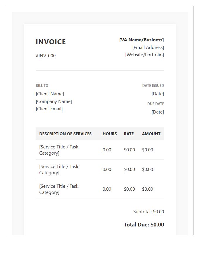 Remote Virtual Assistant Hourly Rate Invoice Template