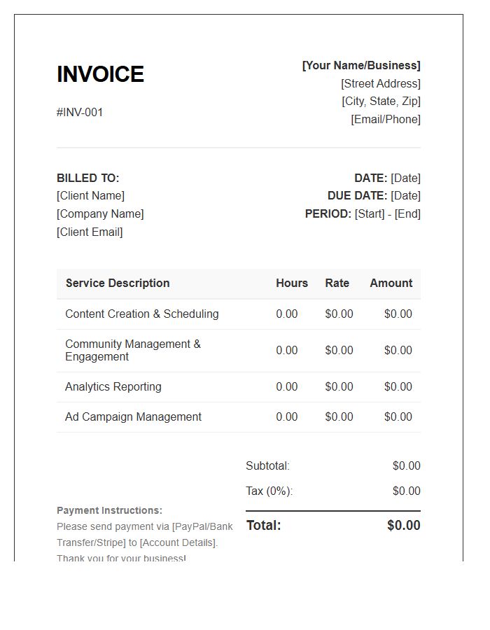Social Media Virtual Assistant Hourly Invoice Template