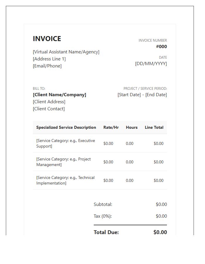 Specialized Virtual Assistant Hourly Service Invoice Template
