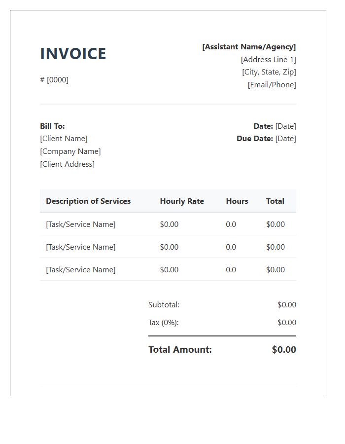 Standard Virtual Assistant Hourly Rate Invoice Template