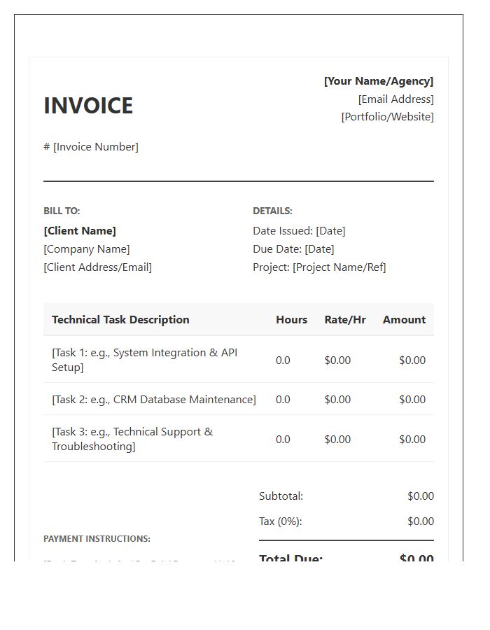 Technical Virtual Assistant Hourly Rate Invoice Template