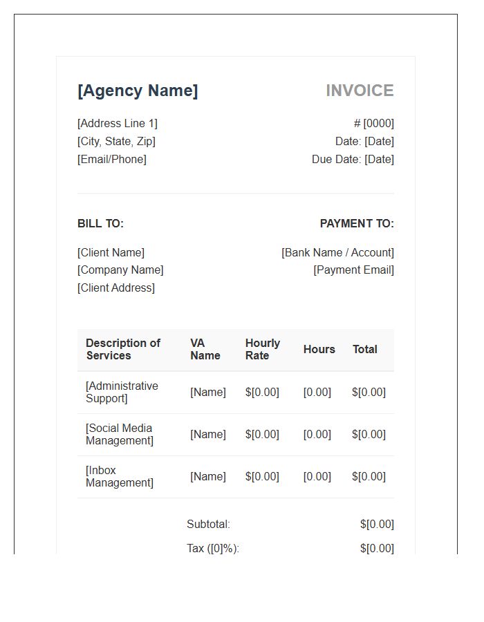 Virtual Assistant Agency Hourly Billing Invoice Template