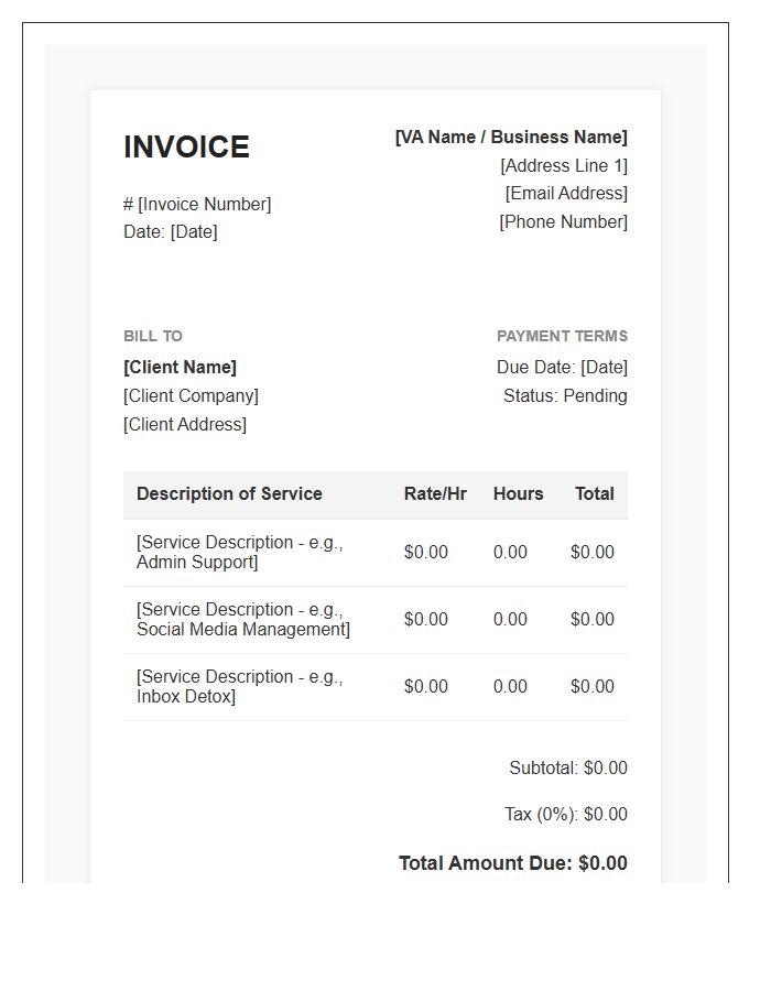 Virtual Assistant Consultation Hourly Billing Invoice Template