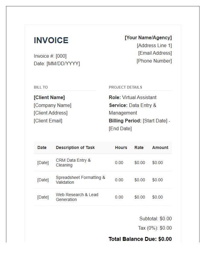 Virtual Assistant Data Entry Hourly Invoice Template