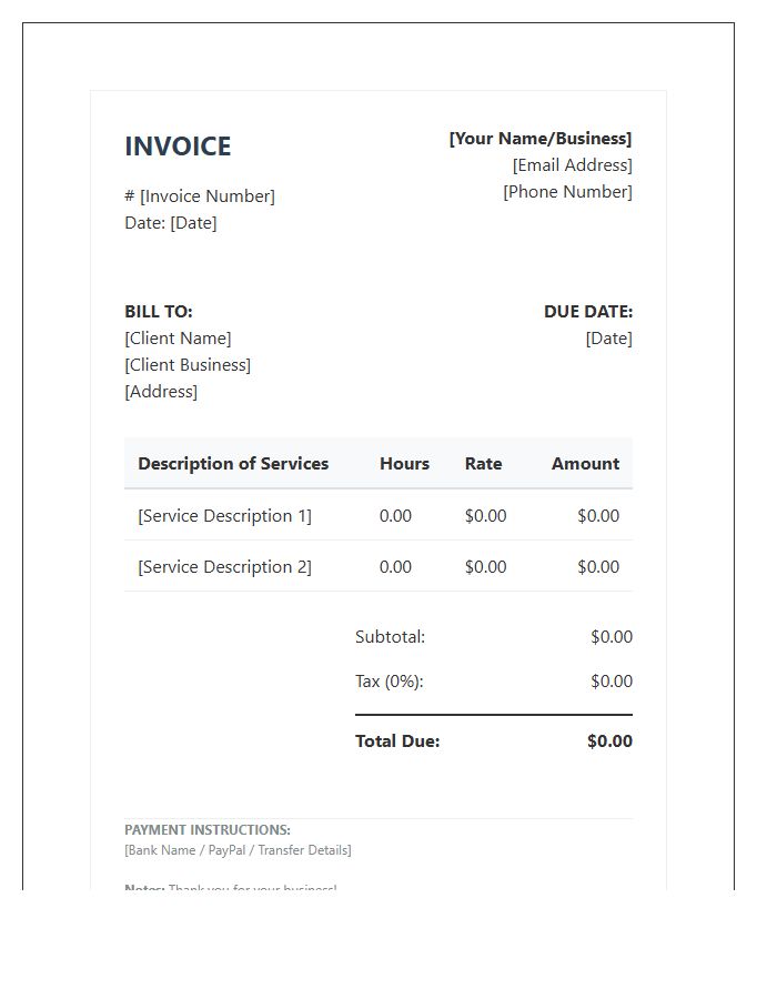 Virtual Assistant Hourly Billing Invoice Template