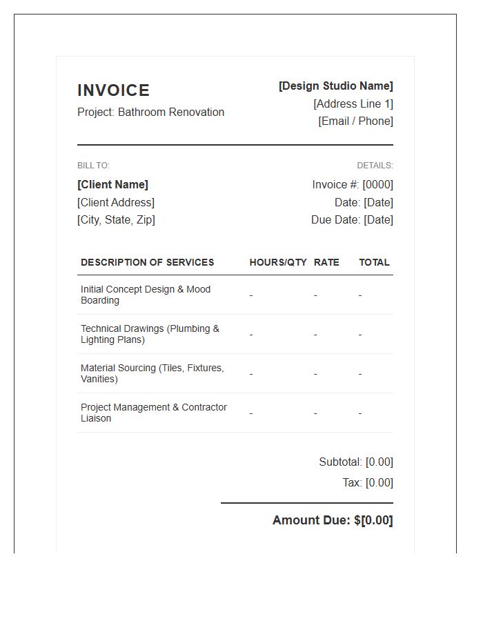 Bathroom Renovation Interior Design Project Fee Invoice Template