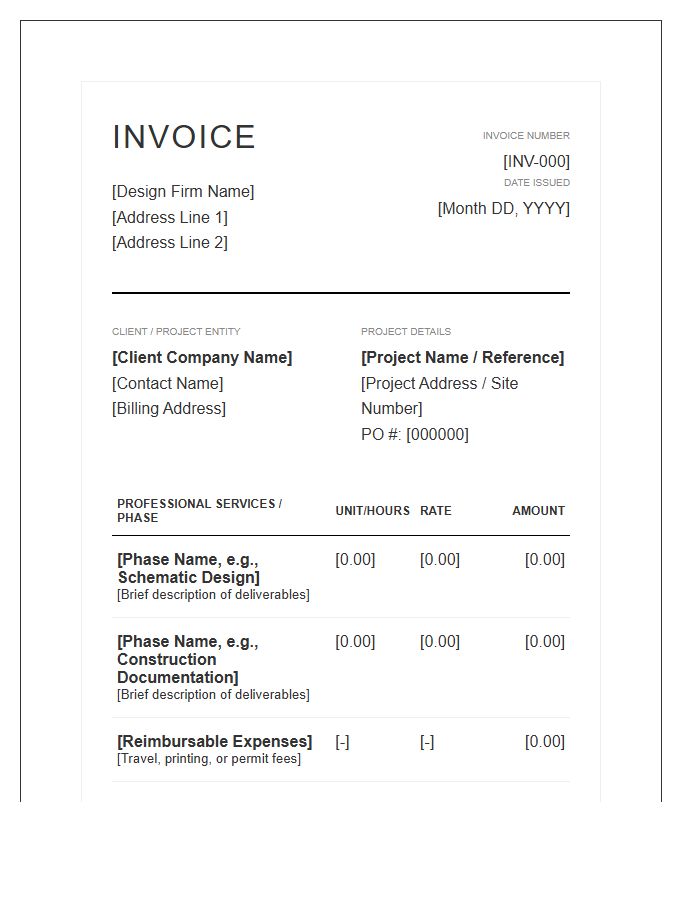 Commercial Interior Design Project Fee Invoice Template